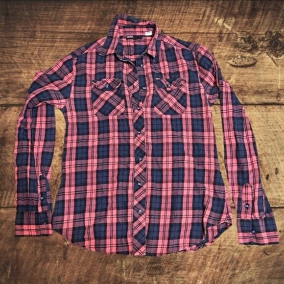 BDG Urban Outfitters Long Sleeve Pink Blue Plaid Button Down Flannel Size XS - Picture 3 of 8